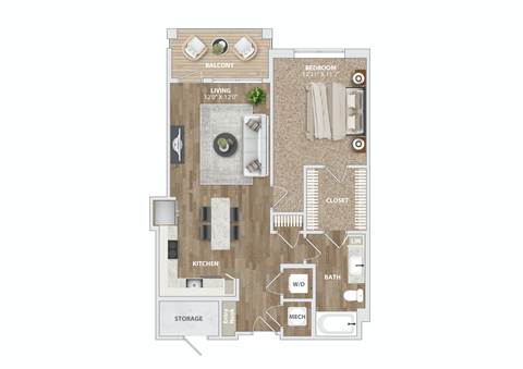 1 bed 1 bath A4 Floor Plan at Preston Ridge, Cary, 27513