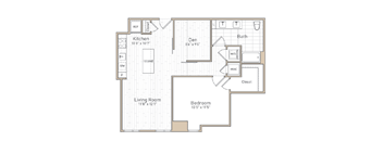 A floor plan of a house with a kitchen, living room, bedroom, bath, and den.
