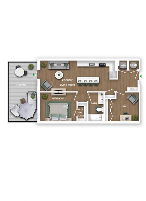 A floor plan of a house with a kitchen, living room, bedroom, bathroom, and den.