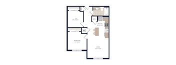 A floor plan of a house with a living room, kitchen, and two bedrooms.