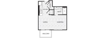 A black and white image of a floor plan for a house with a kitchen, living room, and sleeping area.