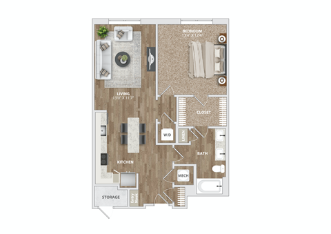 1 bed 1 bath A5 Floor Plan at Preston Ridge, Cary, 27513