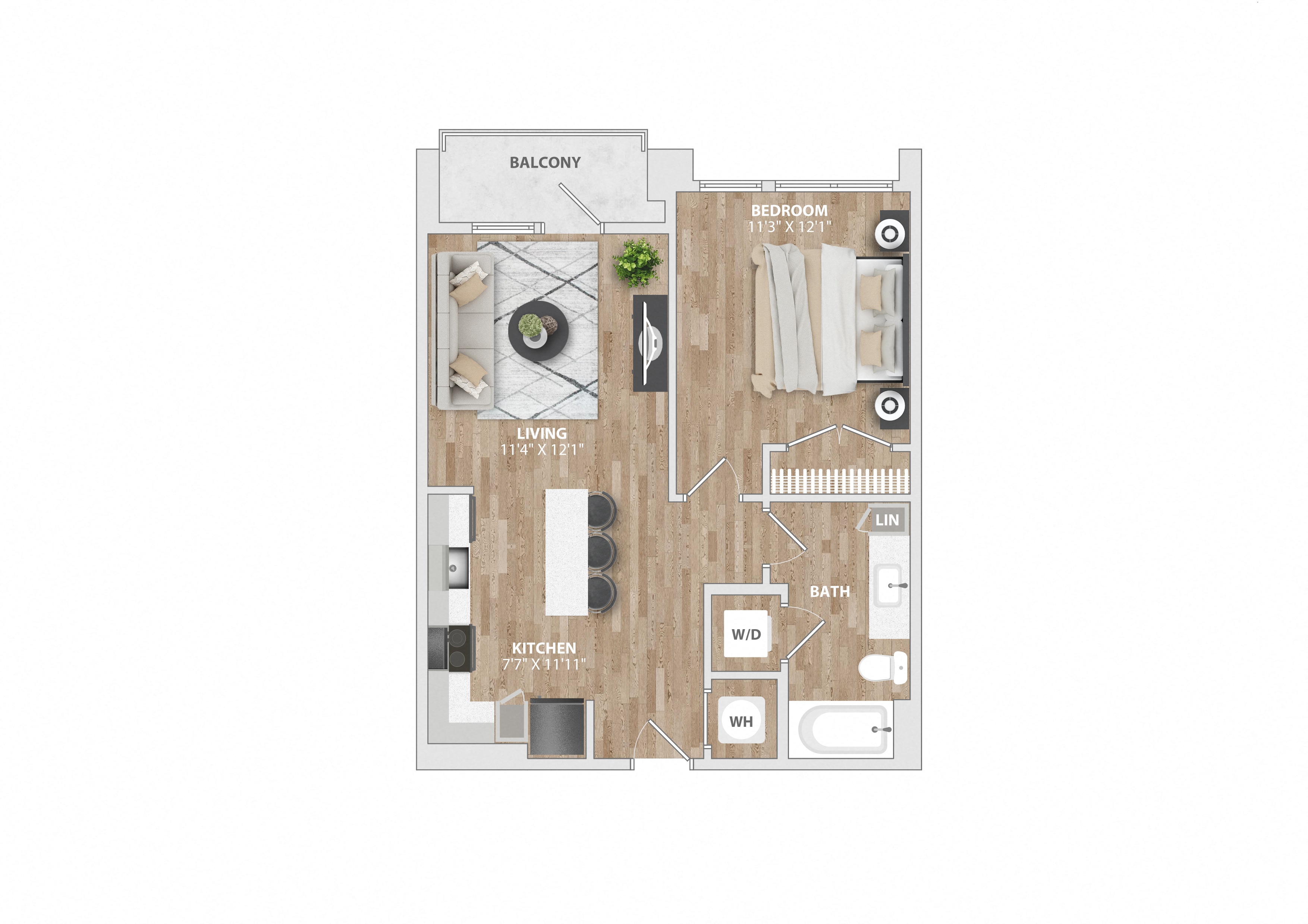 1 bed 1 bath A5A Floor Plan at South and Hollis, Charlotte, NC, 28209