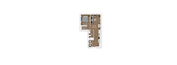 A floor plan of a small apartment with a bedroom, living room, kitchen, bathroom, and walk-in closet.