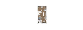 A floor plan of a house with a kitchen, living room, bedroom, and bathroom.