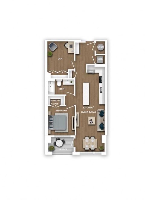A floor plan of a house with a kitchen, living room, bedroom, and bathroom.