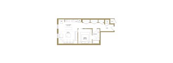 A floor plan of a house with a living room, dining room, kitchen/dining area, bathroom, and primary bedroom.