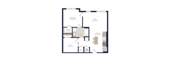 A floor plan of a house with a bedroom, living room, kitchen, and bathroom.