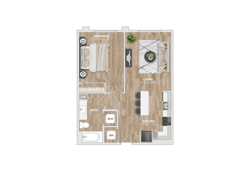 1 bedroom 1 bath A6A Floor Plan at South and Hollis, Charlotte, NC, 28209