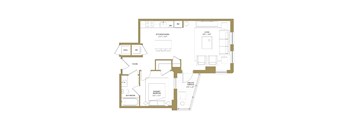 A floor plan of a house with a living room, kitchen, dining room, bathroom, and bedrooms.