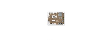 A diagram of a house layout with a living room, kitchen, bedroom, bathroom, and laundry room.