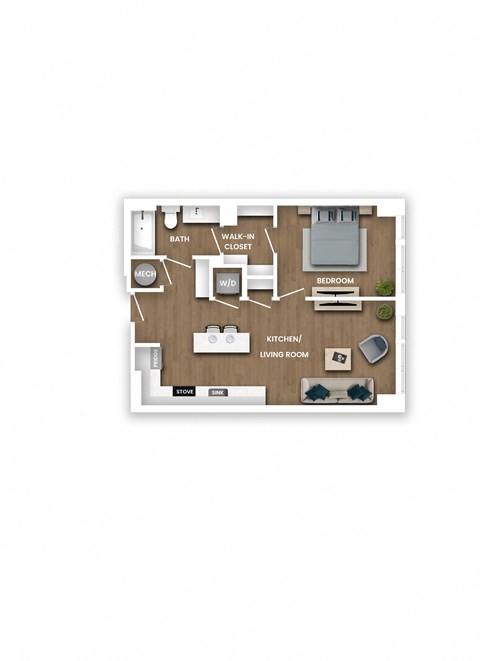 A diagram of a house layout with a living room, kitchen, bedroom, bathroom, and laundry room.