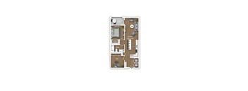 A floor plan of a small apartment with a bedroom, living room, kitchen, and bathroom.