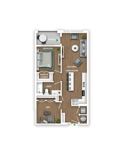 A floor plan of a small apartment with a bedroom, living room, kitchen, and bathroom.