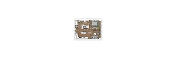 A floor plan of a house with a living room, kitchen, bedroom, and bathroom.