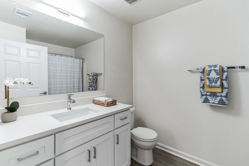 a bathroom with a toilet sink and mirror  at St. Andrews Reserve, Wilmington