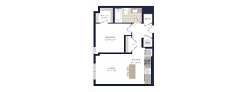 A floor plan of a small apartment with a bedroom, living room, kitchen, and bathroom.