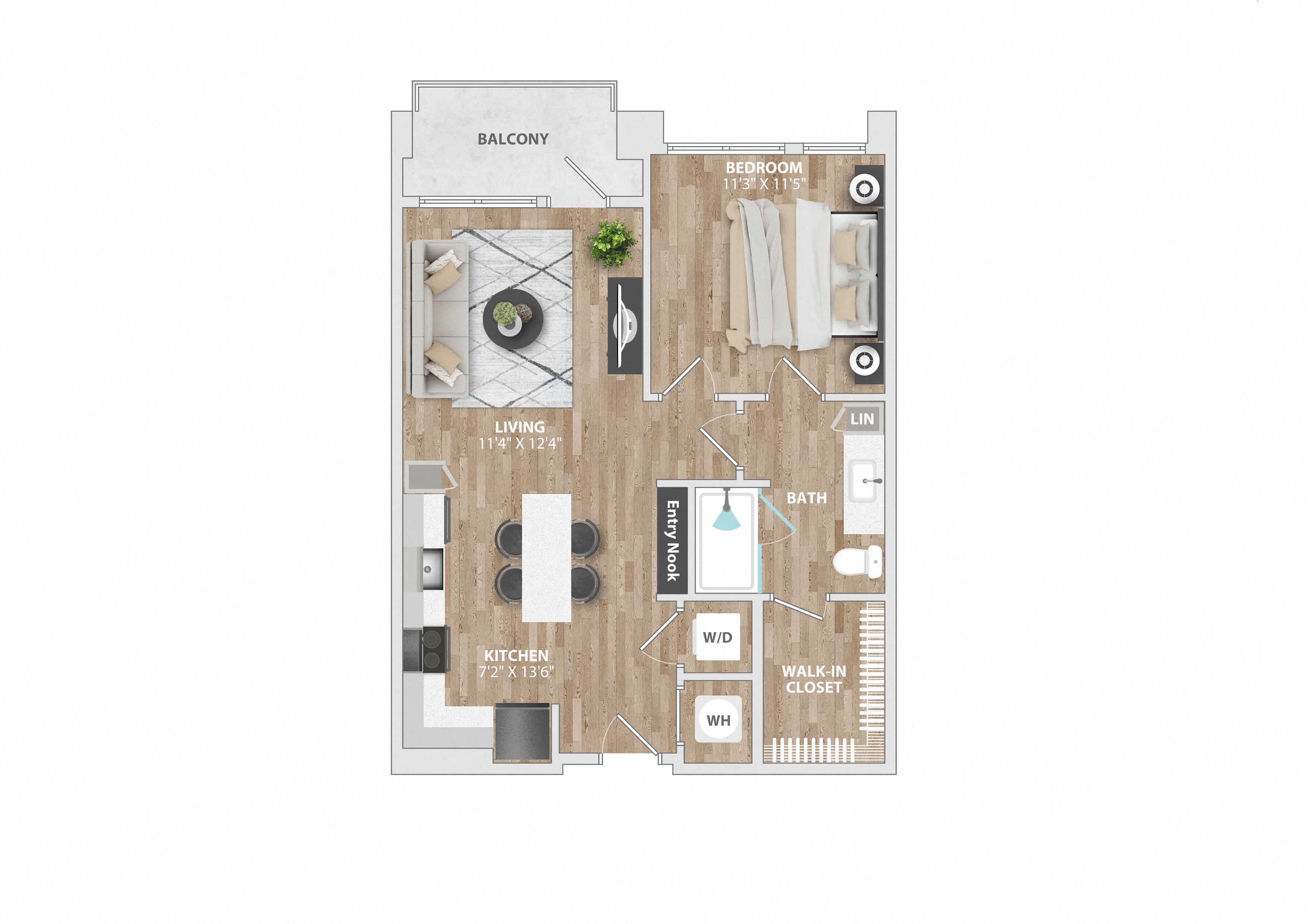 1 bed 1 bath A8A Floor Plan at South and Hollis, Charlotte, NC, 28209