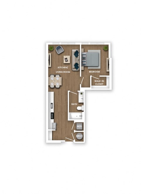 A floor plan of a small apartment with a living room, kitchen, bedroom, bathroom, and walk-in closet.