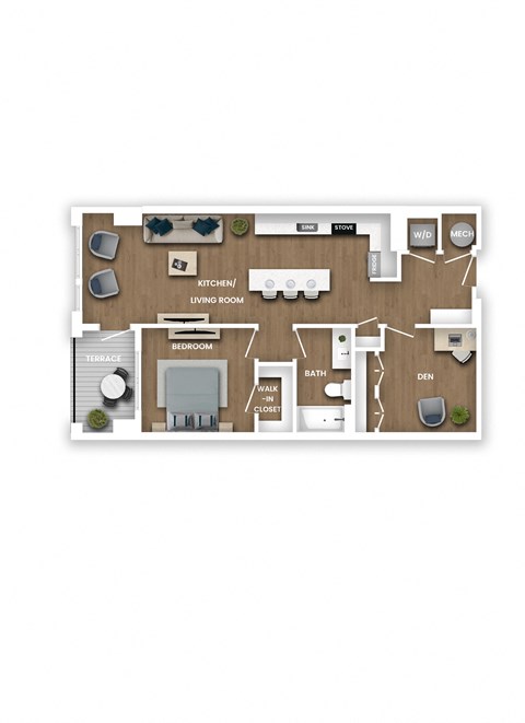 A floor plan of a house with a kitchen, living room, dining room, bathroom, terrace, and a garden.