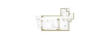 A floor plan of a house with a living room, kitchen, and bathroom.