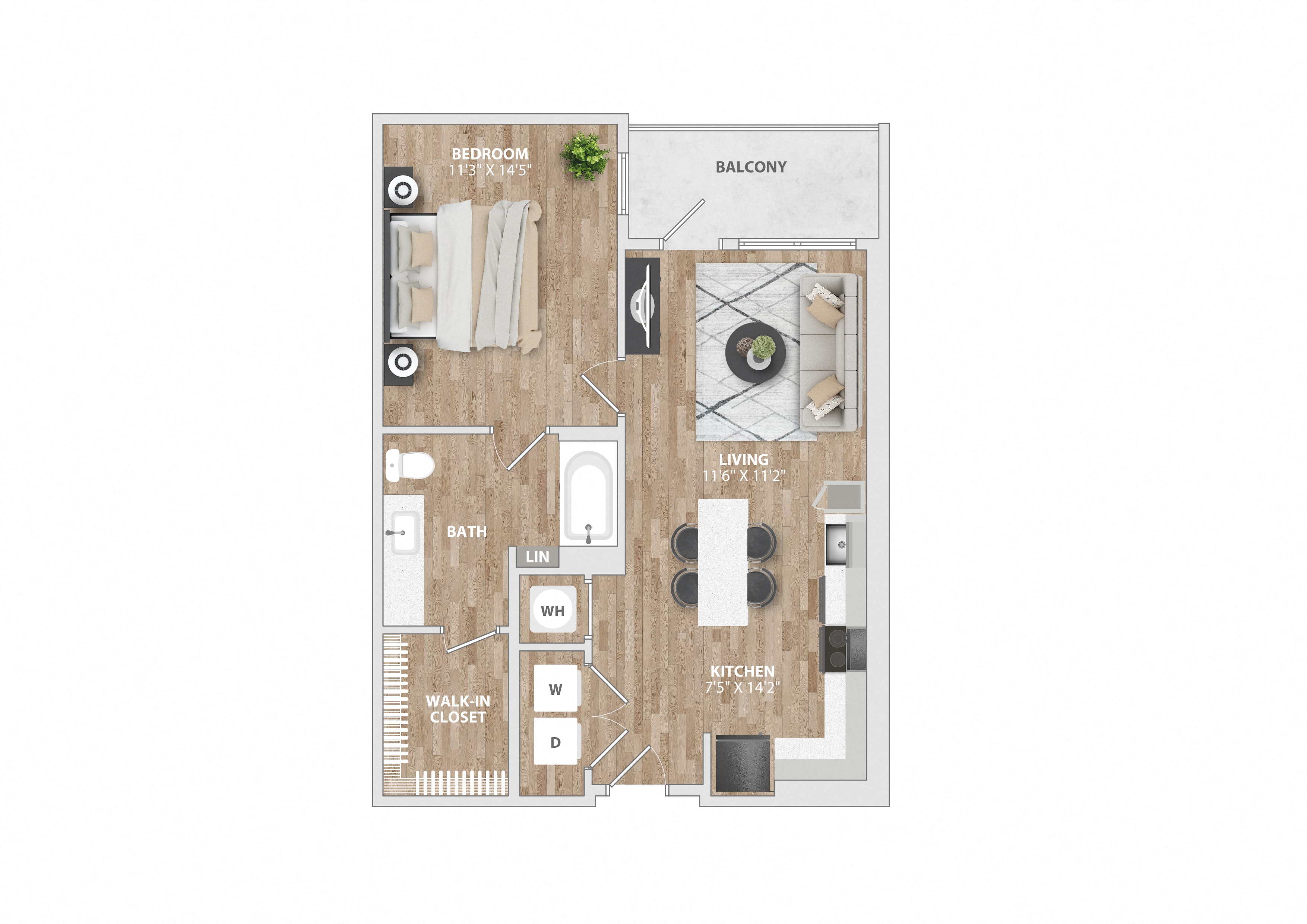 1 bed 1 bath A9H Floor Plan at South and Hollis, Charlotte, North Carolina