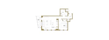 A floor plan of a house with a kitchen, bathroom, and living room.