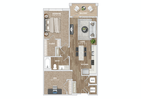 1 bed 1 bath AD1 Floor Plan at Preston Ridge, Cary