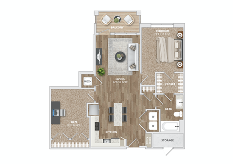 1 bed 1 bath AD3 Floor Plan at Preston Ridge, Cary