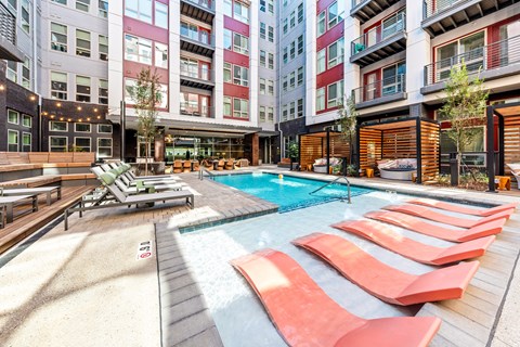 a swimming pool in the middle of an apartment building at South and Hollis, Charlotte, NC, 28209