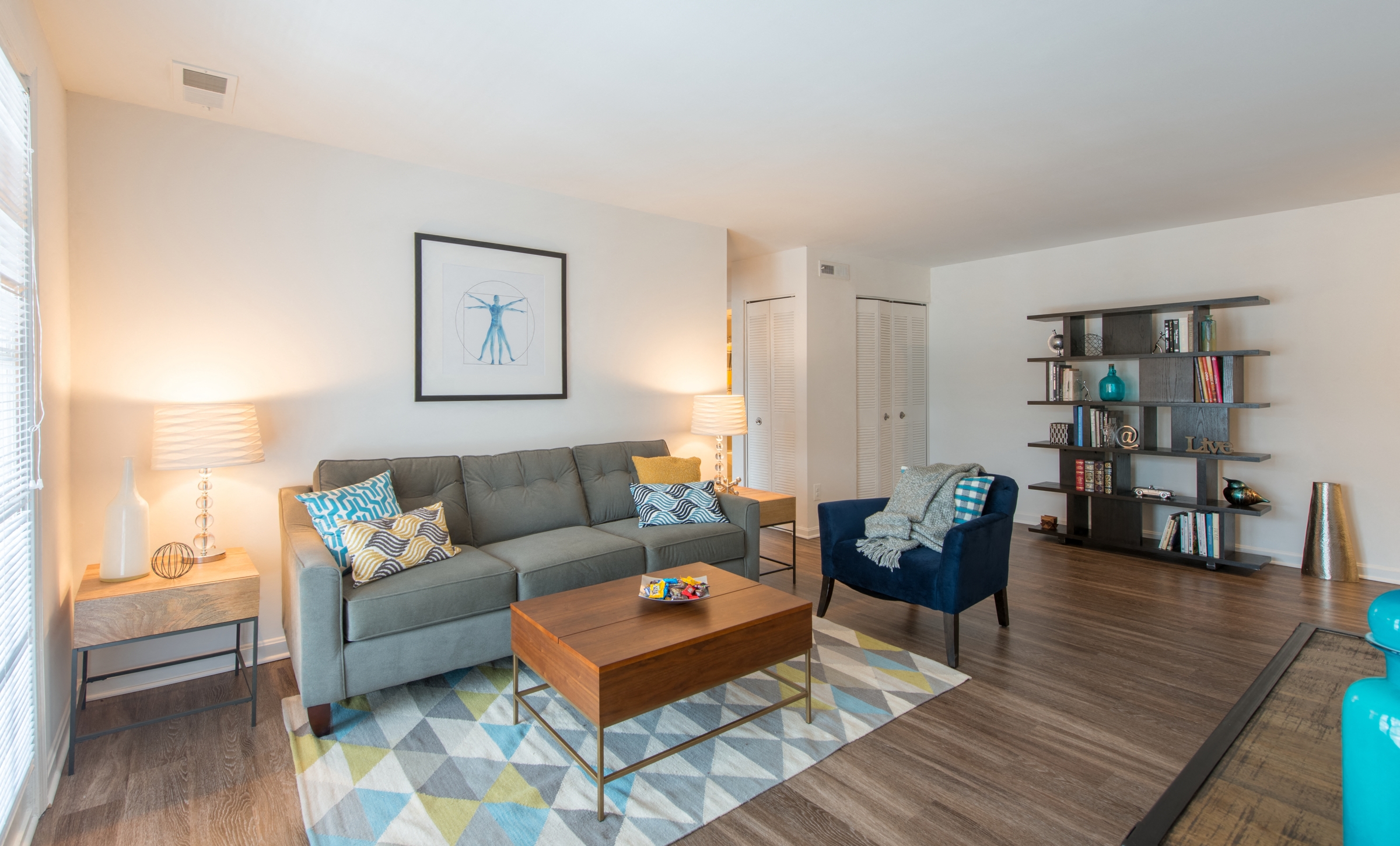 a living room with a couch and a coffee table