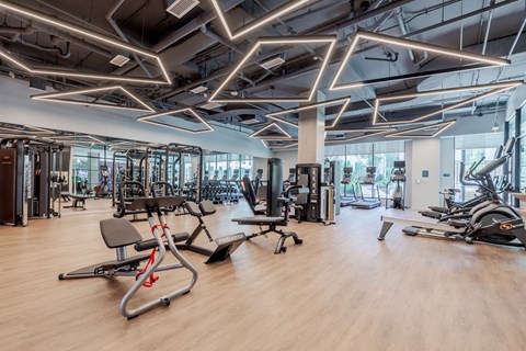 A gym with a variety of equipment including treadmills, weights, and exercise machines.