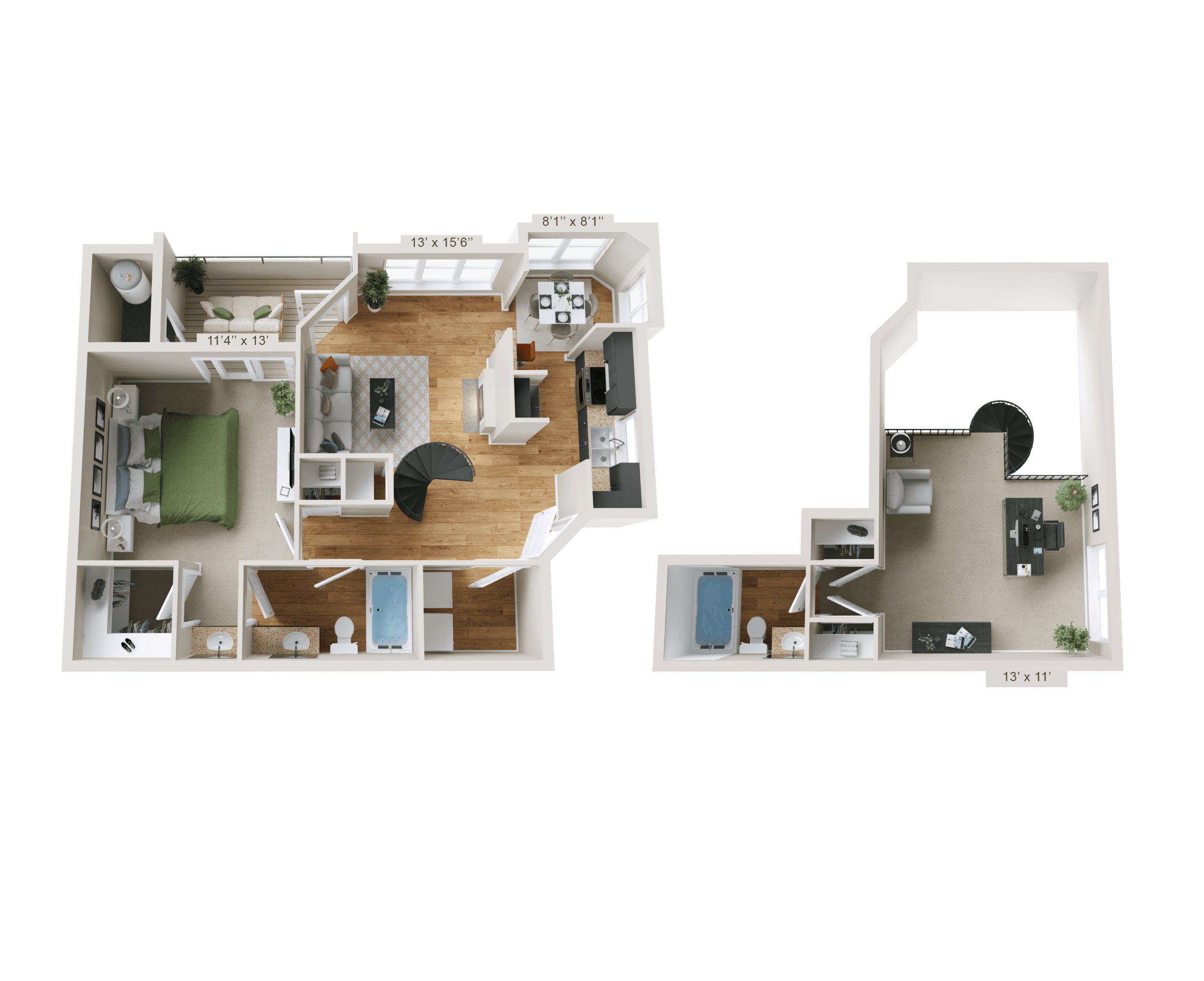 A 3D floor plan of a two-bedroom apartment with a living room, kitchen, and bathroom.