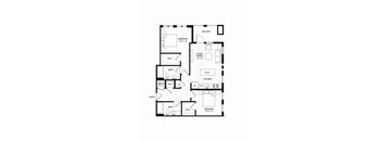 A black and white floor plan of a house with a balcony, two bedrooms, a living/dining area, a kitchen, a bathroom, a mechanical room, a closet, and an entry.