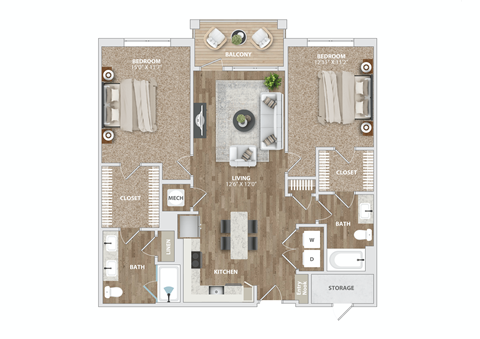 2 bed 2 bath B1-1 Floor Plan at Preston Ridge, North Carolina