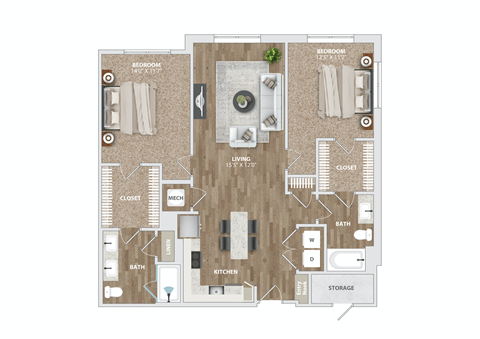 2 bed 2 bath B1-2 Floor Plan at Preston Ridge, North Carolina