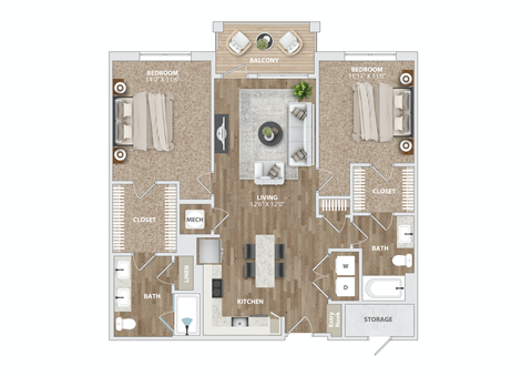 2 bed 2 bath B1-3 Floor Plan at Preston Ridge, Cary