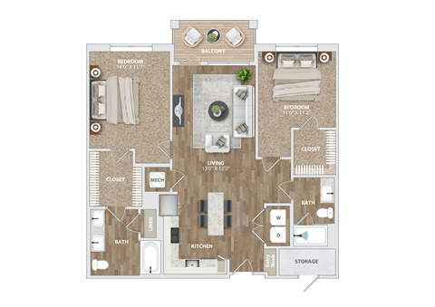 2 bed 2 bath B1-ANSI Floor Plan at Preston Ridge, North Carolina