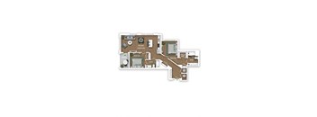 A floor plan of a house with a kitchen, living room, dining room, bathroom, and bedrooms.