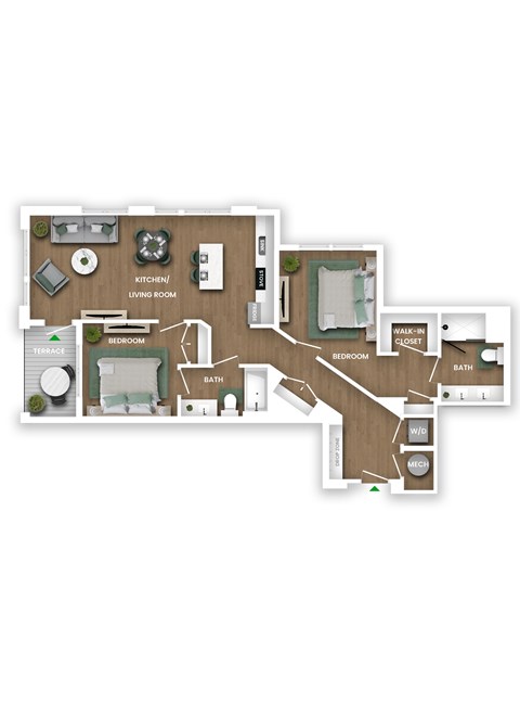 A floor plan of a house with a kitchen, living room, dining room, bathroom, and bedrooms.