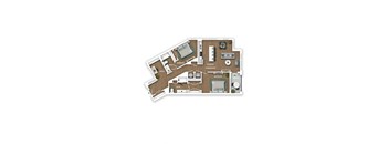 A floor plan of a house with a living room, kitchen, two bedrooms, and an office.