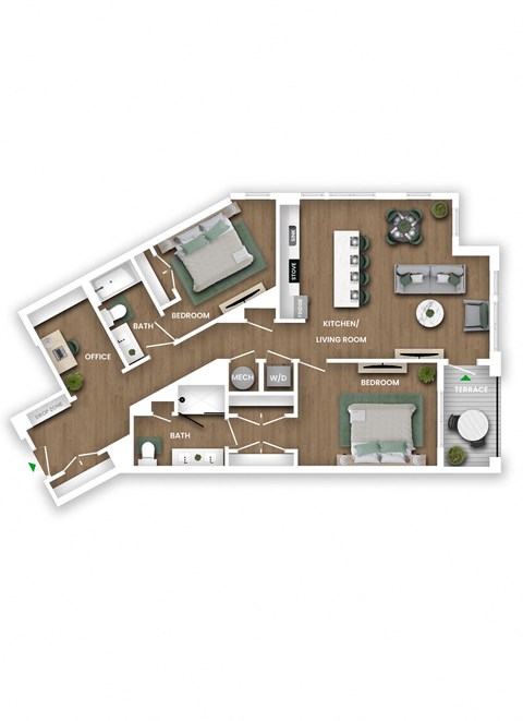 A floor plan of a house with a living room, kitchen, two bedrooms, and an office.