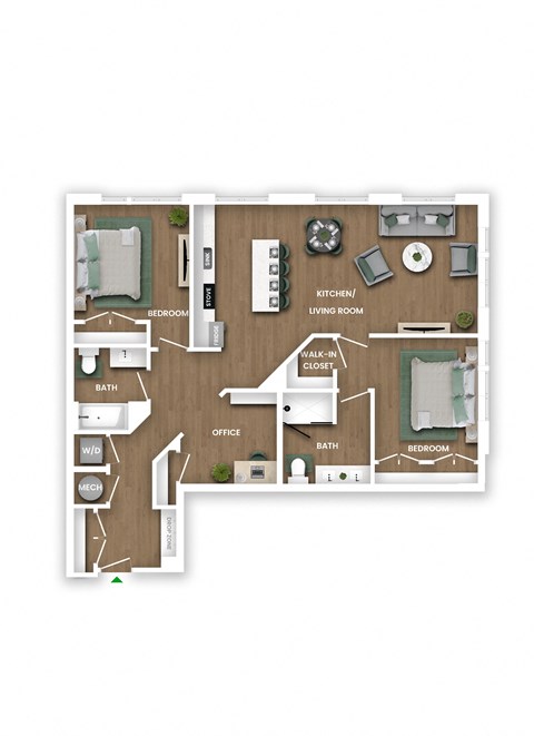 A floor plan of a house with a kitchen, living room, and two bedrooms.