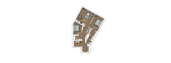 A floor plan of a house with a living room, two bedrooms, a bathroom, an office, and a kitchen.