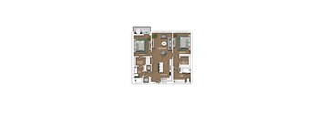 A floor plan of a house showing the layout of the bedrooms, bathrooms, kitchen, living room, and terrace.