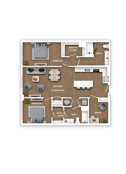 A floor plan of a house with a living room, kitchen, two bedrooms, a bathroom, and an office.