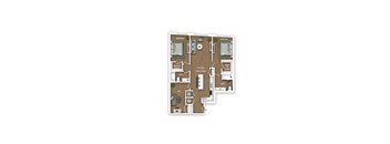 A floor plan of a house with two bedrooms, a living room, a kitchen, a bathroom, a den, and a walk-in closet.