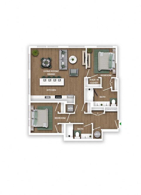 A floor plan of a house with a living room, dining room, kitchen, bedroom, bathroom, and walk-in closet.