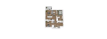 A floor plan of a small apartment with a living room, kitchen, and two bedrooms.