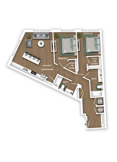 A floor plan of a house with two bedrooms, a living room, a kitchen, a bathroom, a walk-in closet, and a garage.